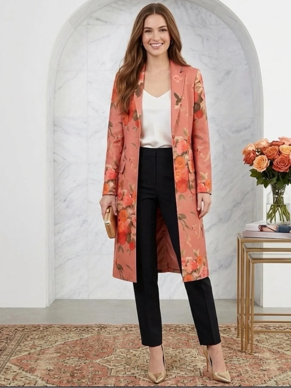 Anne Klein Statement Floral Pink 100% Silk  Long Blazer size 8